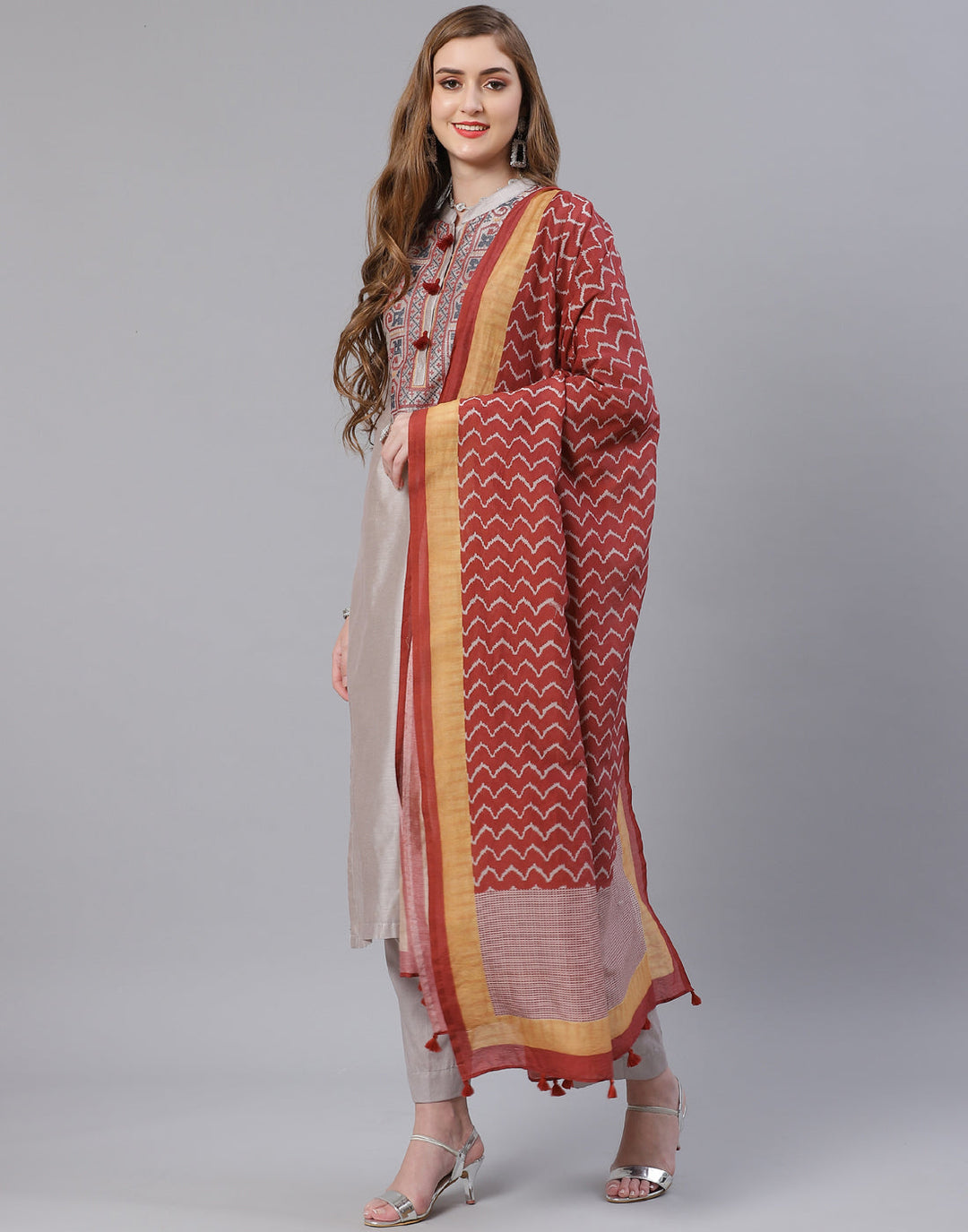 Embroidered Cotton Kurta With Pant &amp; Chanderi Dupatta