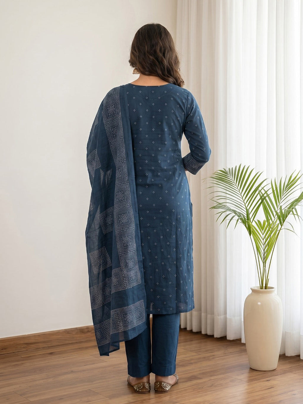Blue Printed Cotton Blend Kurta With Pant & Dupatta