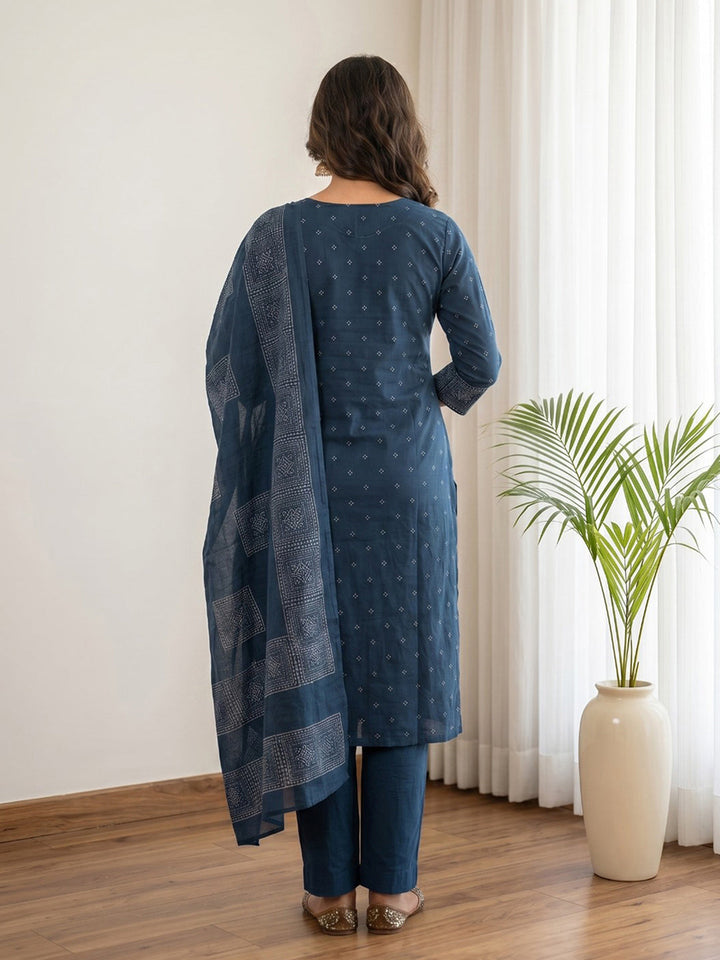 Blue Printed Cotton Blend Kurta With Pant &amp; Dupatta