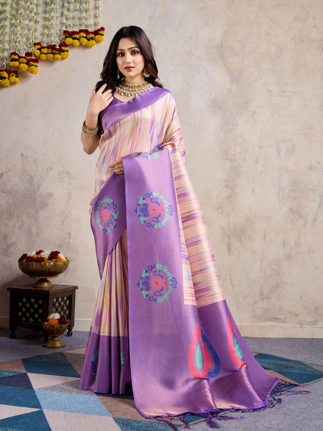 Floral Printed Zari Border Art Silk Woven Saree