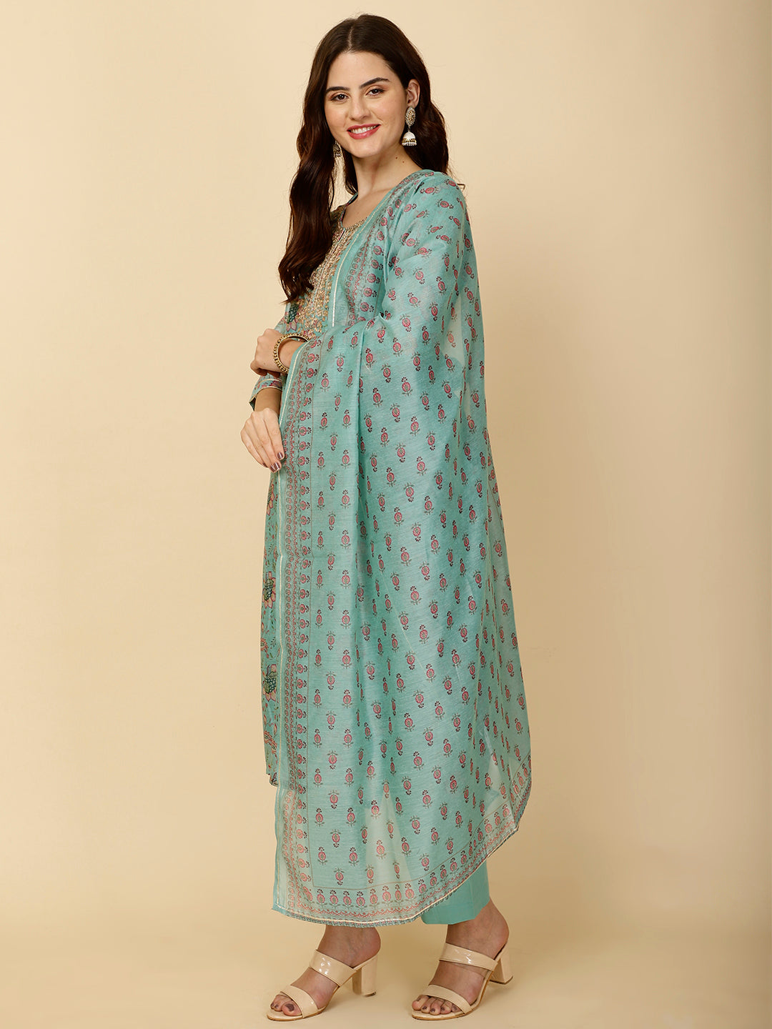 Floral Printed Chanderi Kurta With Pants &amp; Dupatta