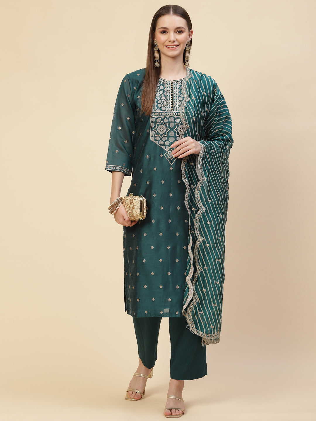 Booti Embroidered Cotton Kurta With Pants &amp; Dupatta