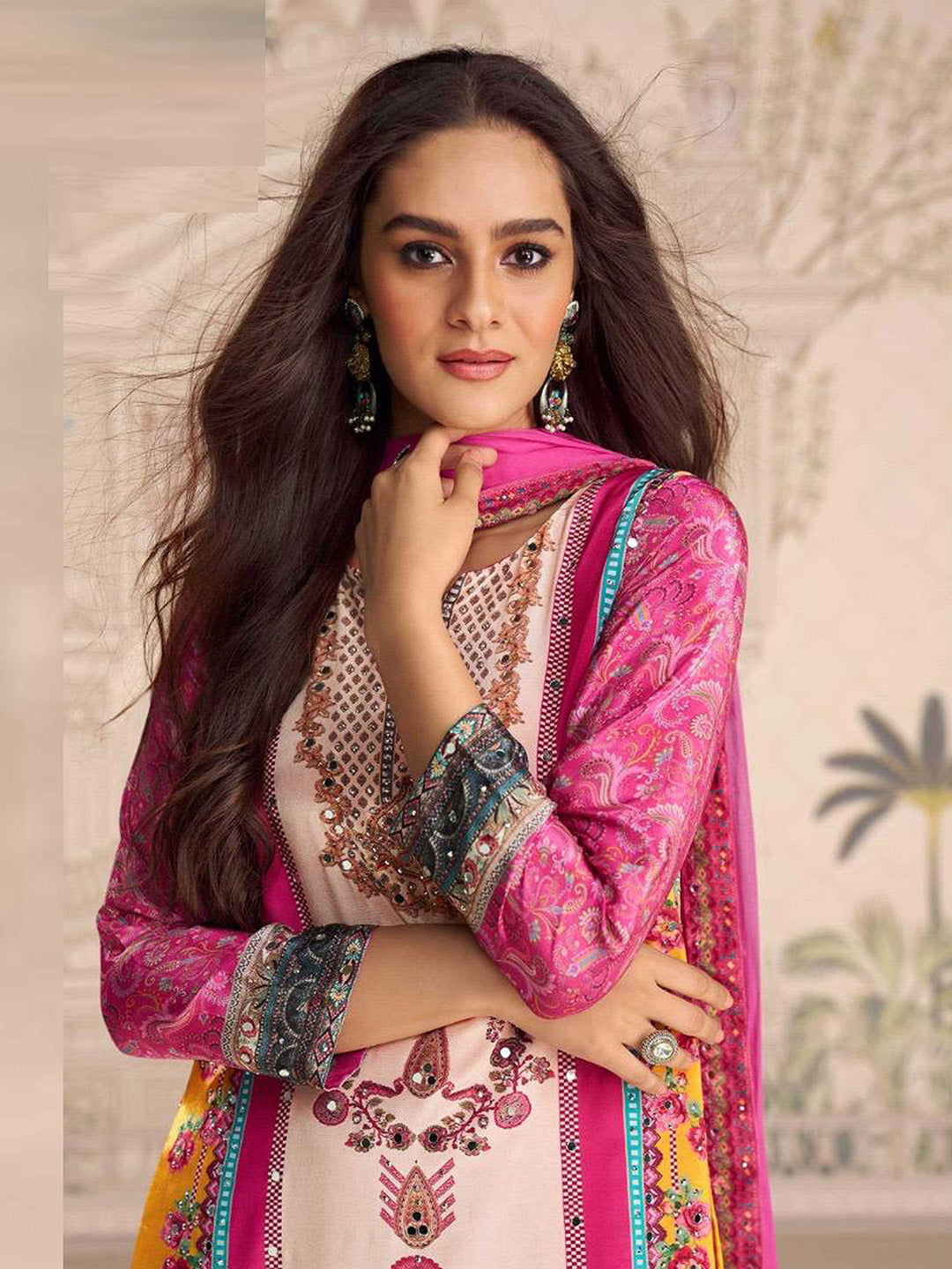 Embroidered Crepe Kurti With Plazzo &amp; Dupatta