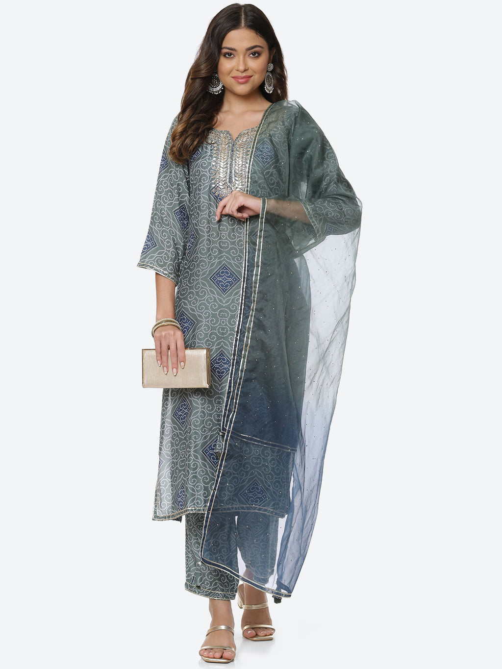 Printed Gota Neck Cotton Kurta With Pant & Dupatta