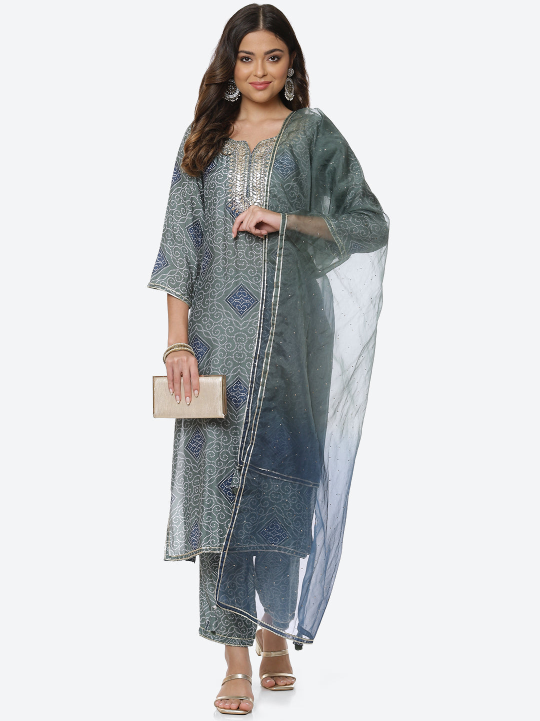Printed Gota Neck Cotton Kurta With Pant & Dupatta