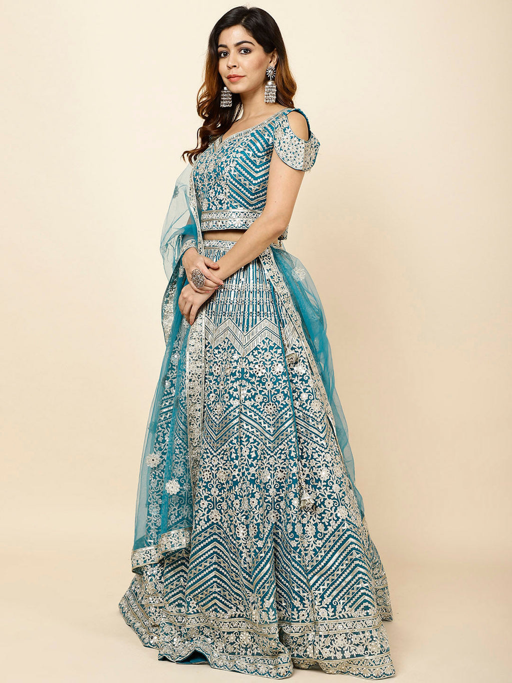 Zari Embroidered Net Choli With Lehenga & Dupatta