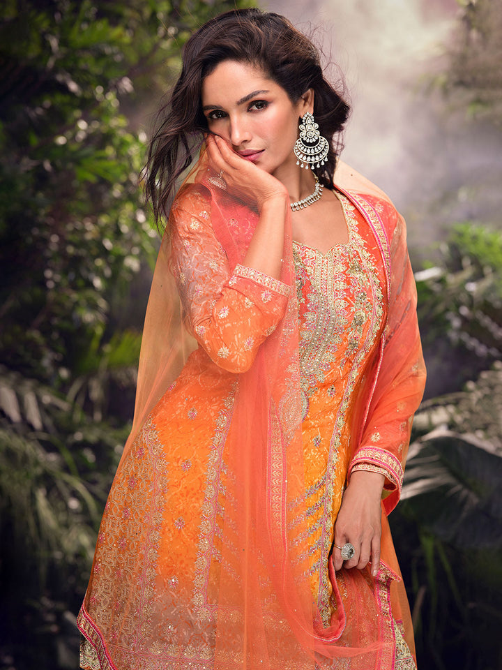 Embroidered Chinon Suit With Pant &amp; Dupatta