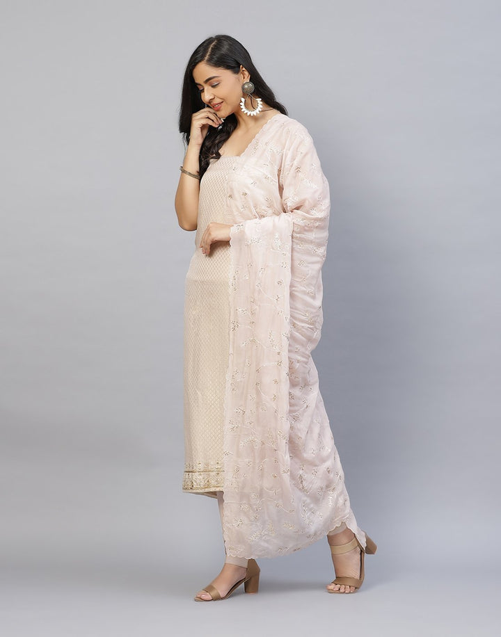Printed Banarasi Suit Piece With Embroidered Organza Dupatta