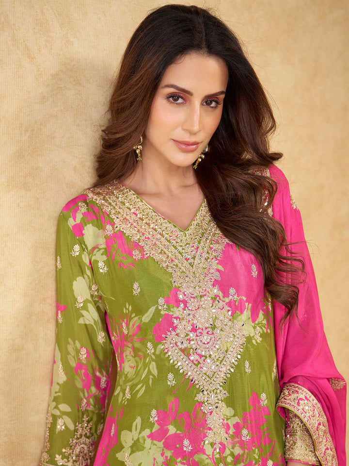 Embroidered Chinon Kurta With Plazzo &amp; Dupatta
