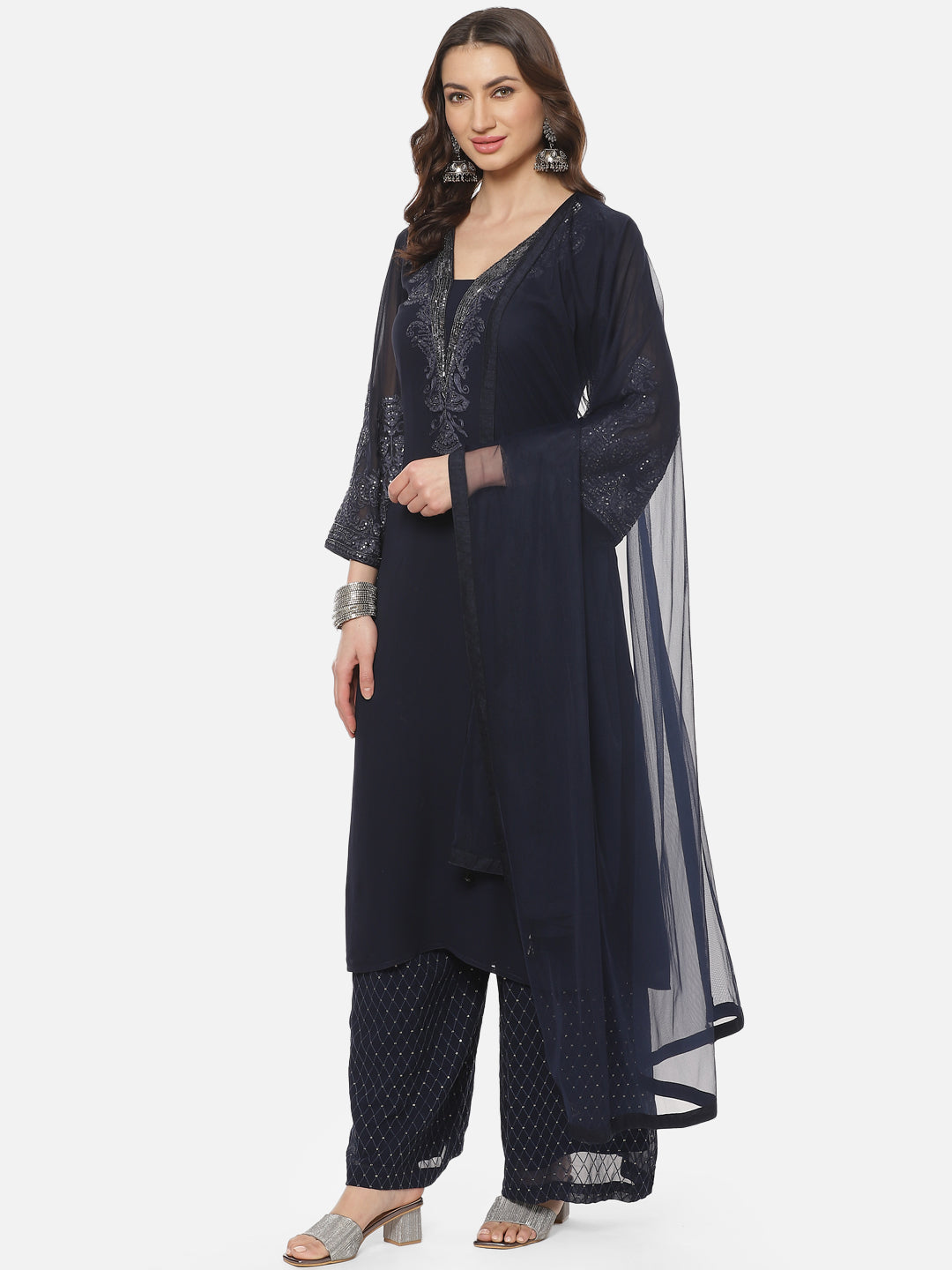 Solid Sequence Georgette Stitched Salwar Kameez With Net Dupatta