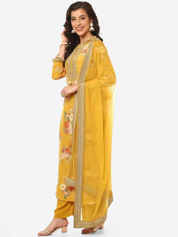 Floral Digital Printed Crepe Kurta With Palazzo &amp; Net Dupatta