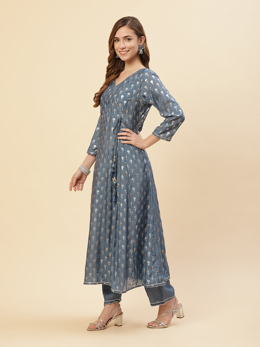 Cotton Muslin Zari Work Angrakha Kurti With Pant