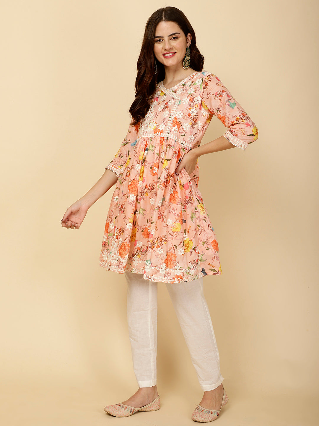 Chikankari &amp; Floral Printed Cotton Kurti