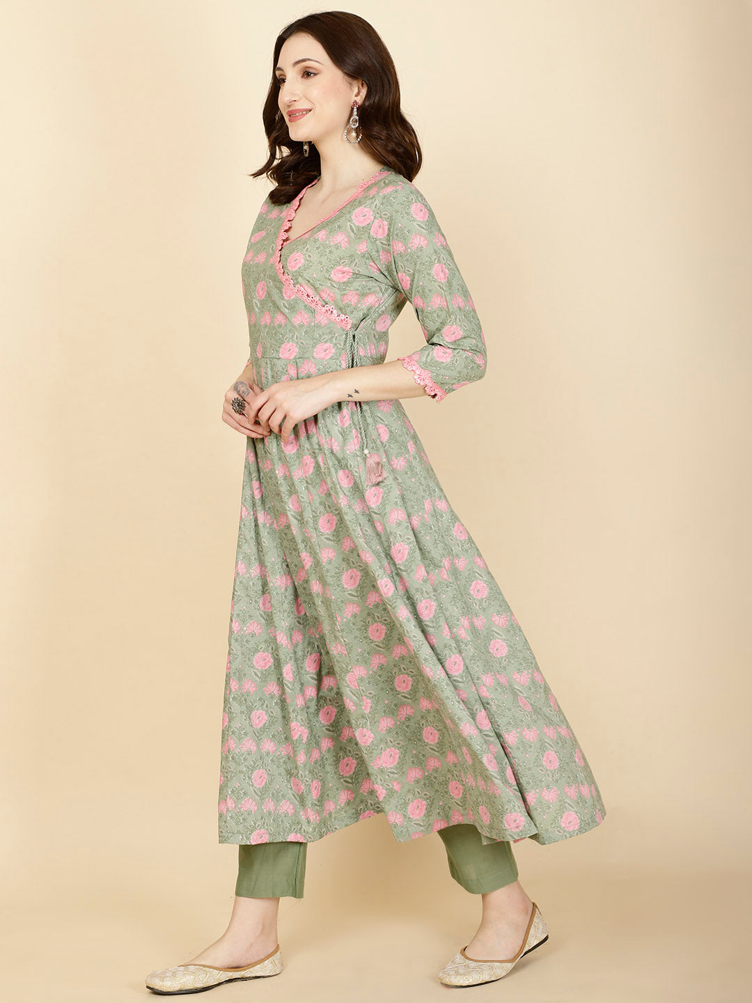 Floral Printed Cotton Anarkali Kurta With Pants
