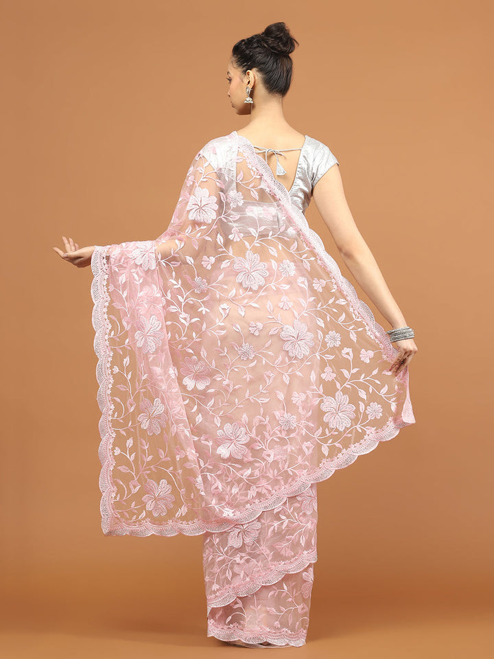 Sequence Embroidery Net Saree