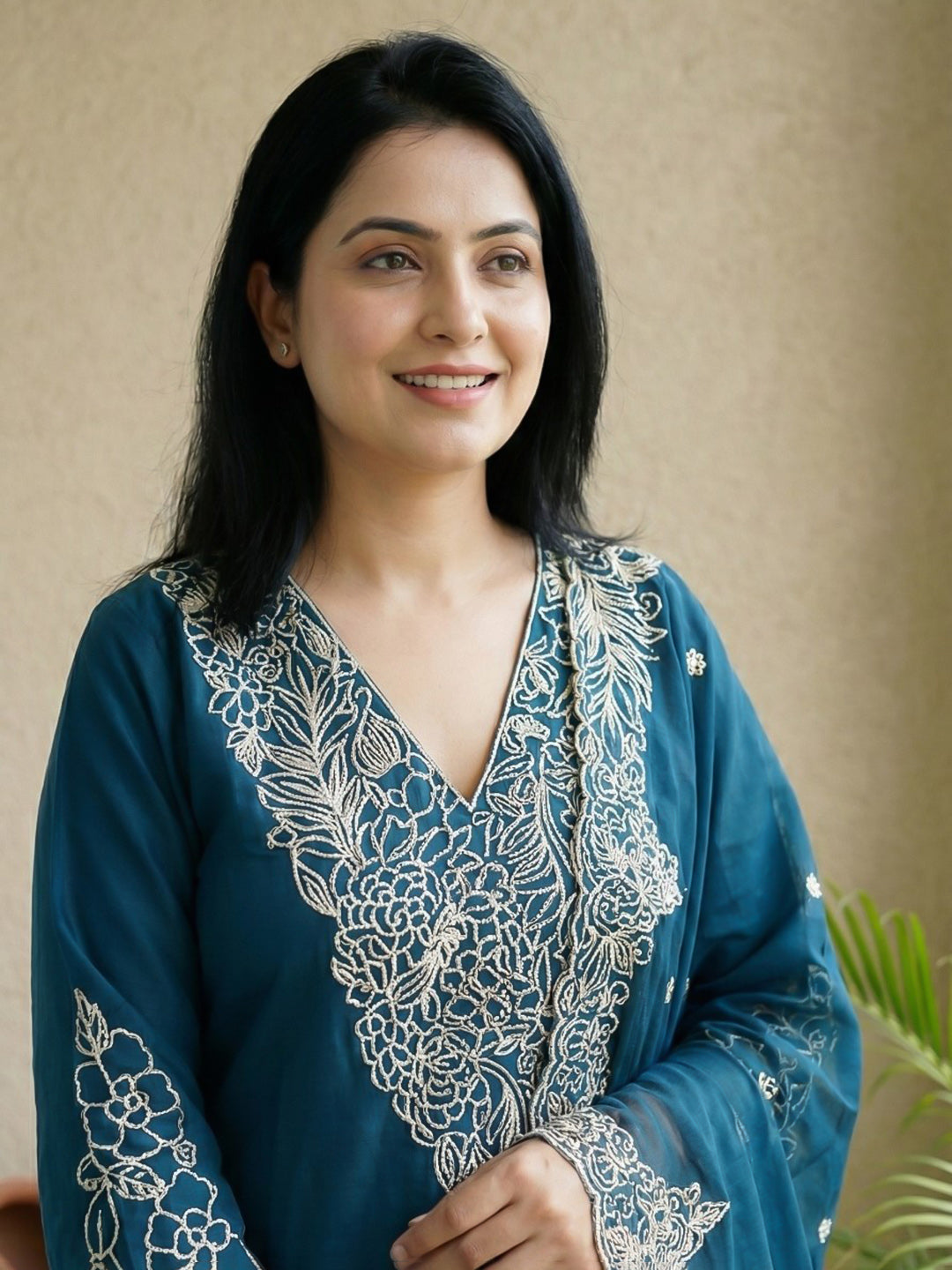 Navy Blue Cotton Blend Printed Straight Suit Set
