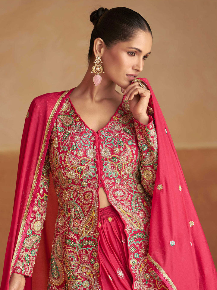 Embroidered Chinon Kurti With Gharara &amp; Dupatta