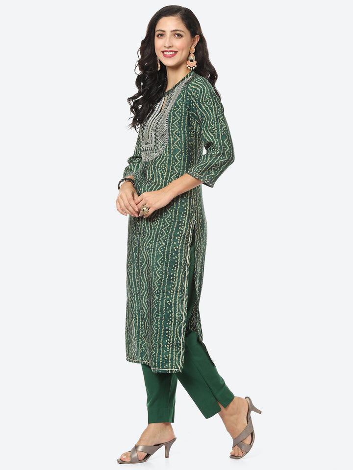 Zari Embroidered Bandhej Printed Muslin Kurti With Pant