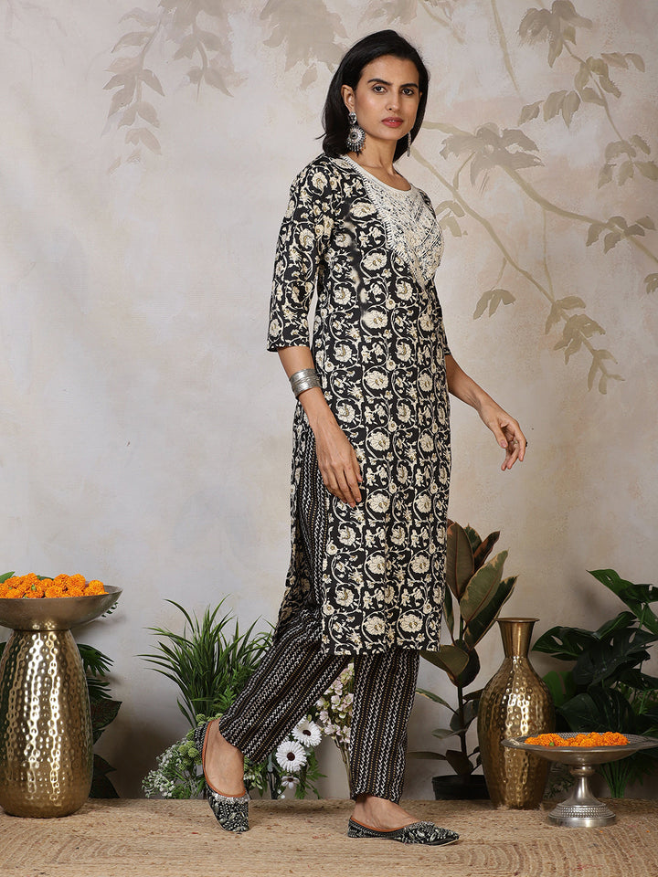 Printed Cotton Blend Kurta With Pants &amp; Dupatta