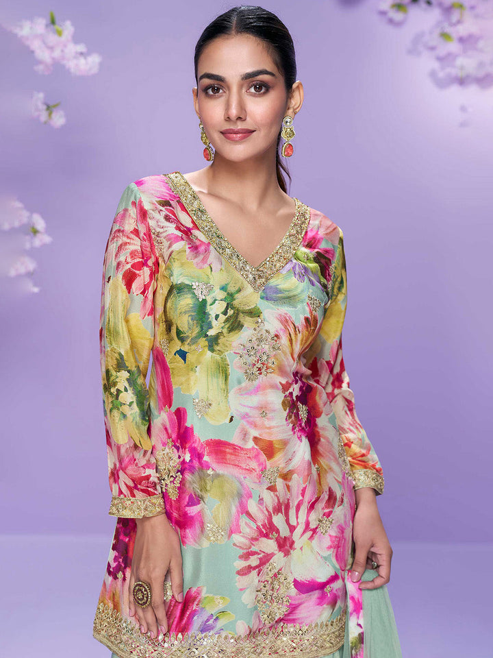 Embroidered Chinon Suit With Pant &amp; Dupatta