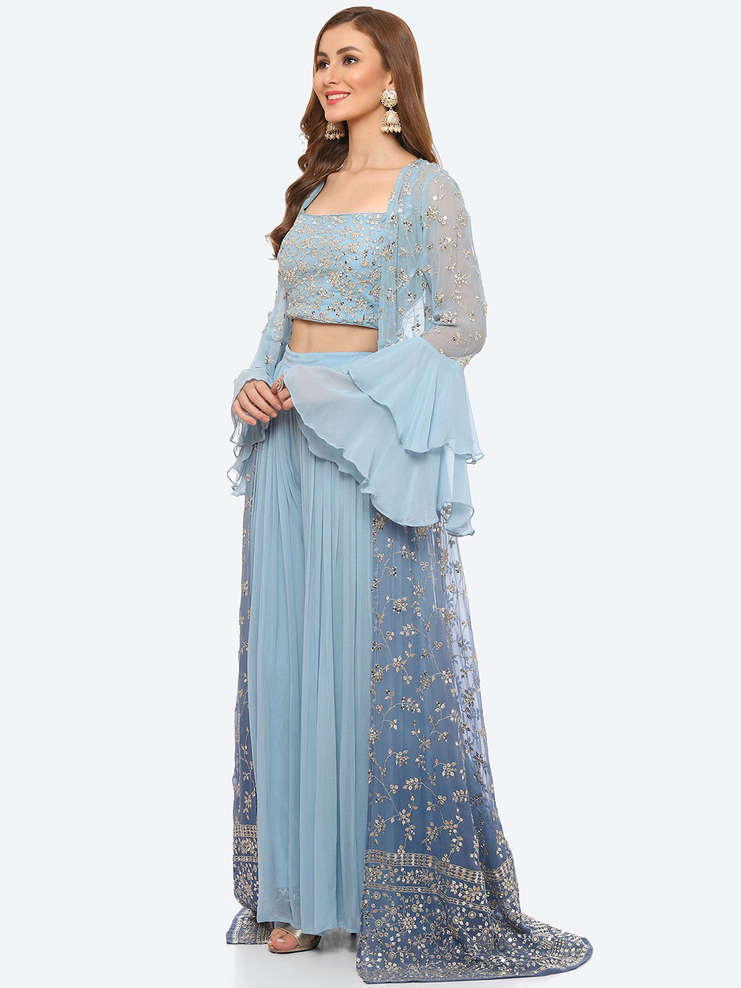 Zari Embroidered Booti Georgette Crop Top With Sharara & Jacket