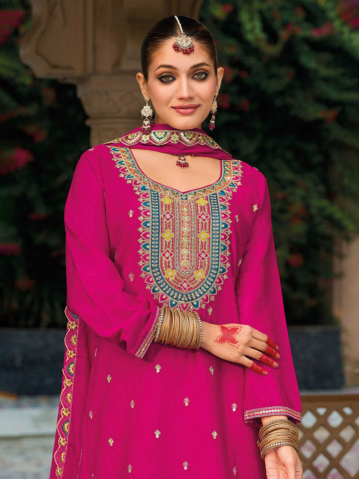 Embroidered Chinon Kurti With Plazzo &amp; Dupatta