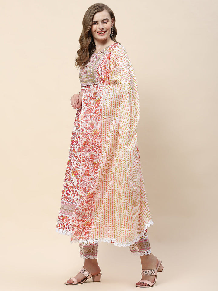 Floral Print Cotton Suit Set With Dupatta