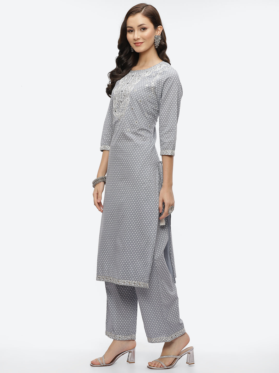 Mirror Neck Embroidered Cotton Kurta With Palazzo