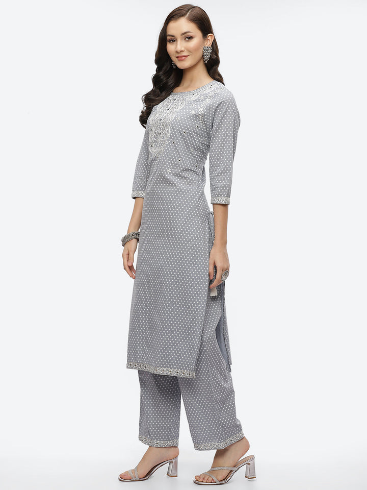 Mirror Neck Embroidered Cotton Kurta With Palazzo