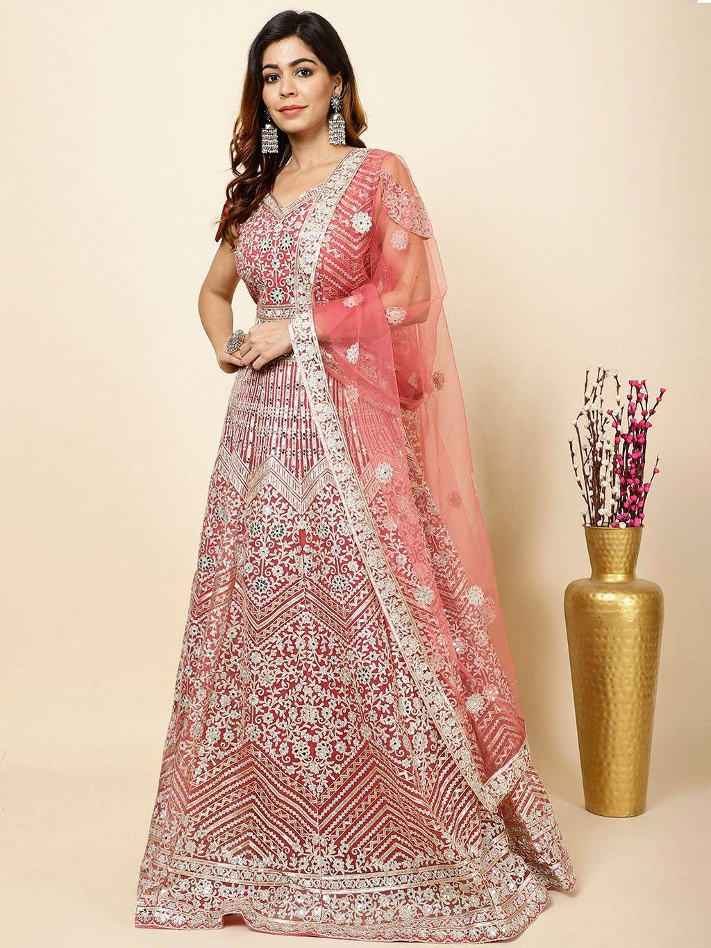 Zari Embroidered Net Choli With Lehenga & Dupatta
