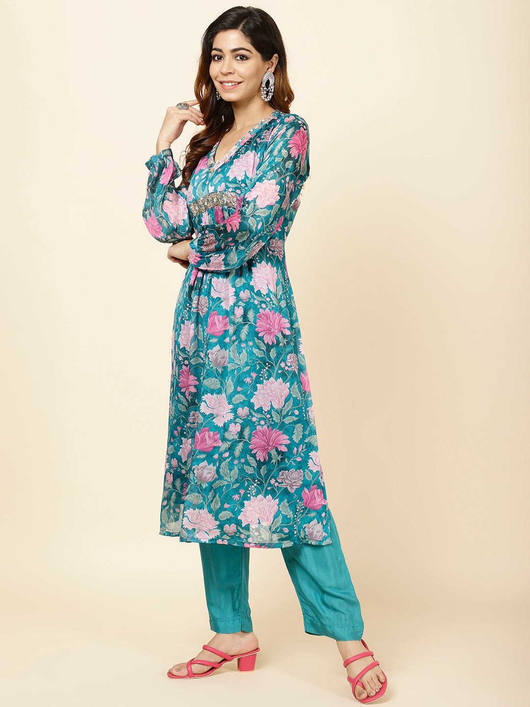 Printed Chinnon Kurta With Pants