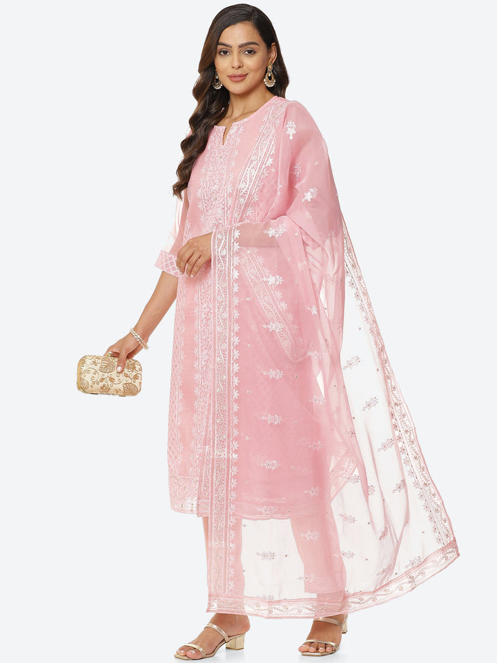 Resham Booti Organza Kurta With Pant &amp; Dupatta