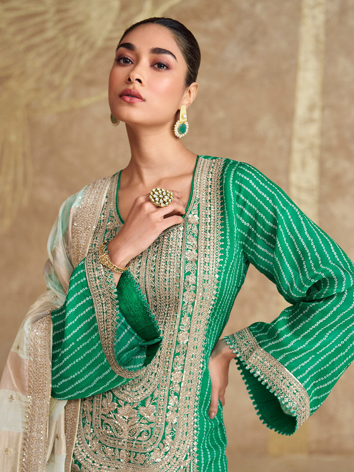 Embroidered Chinon Suit With Plazzo &amp; Dupatta