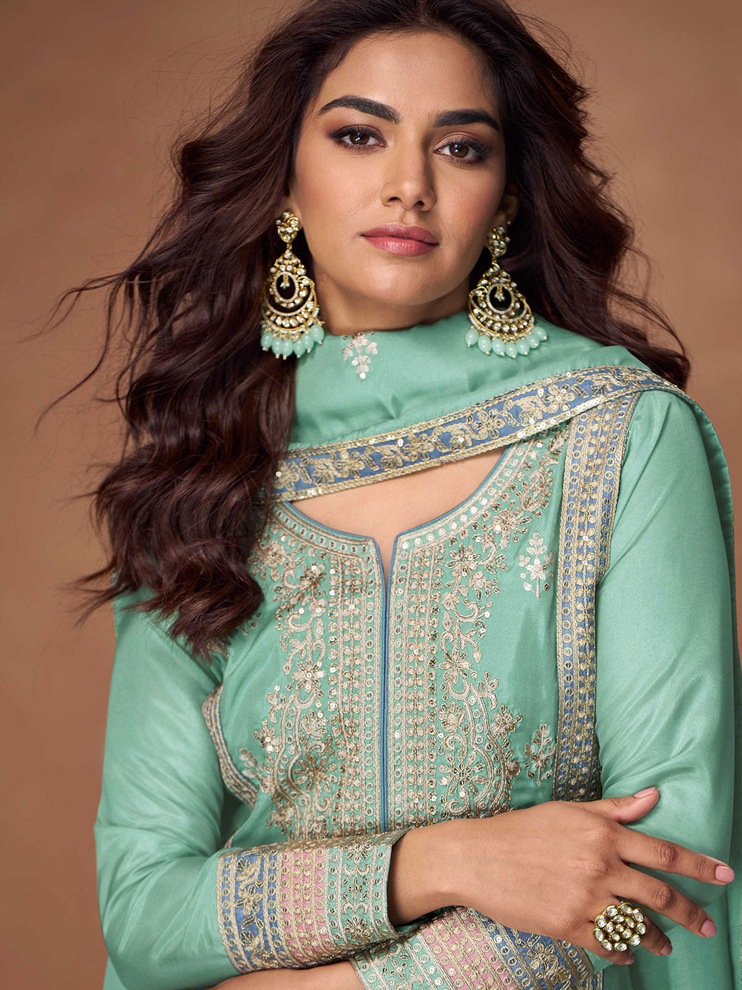 Embroidered Simar Silk Kurta With Plazzo &amp; Dupatta