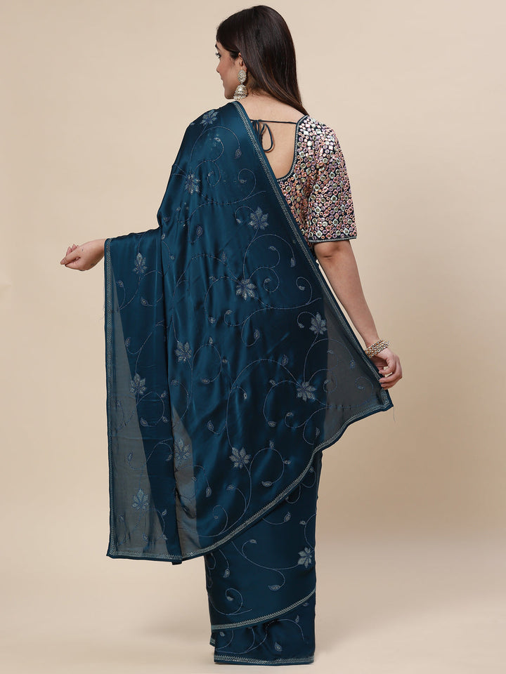 Stone Jaal Embroidered Satin Saree