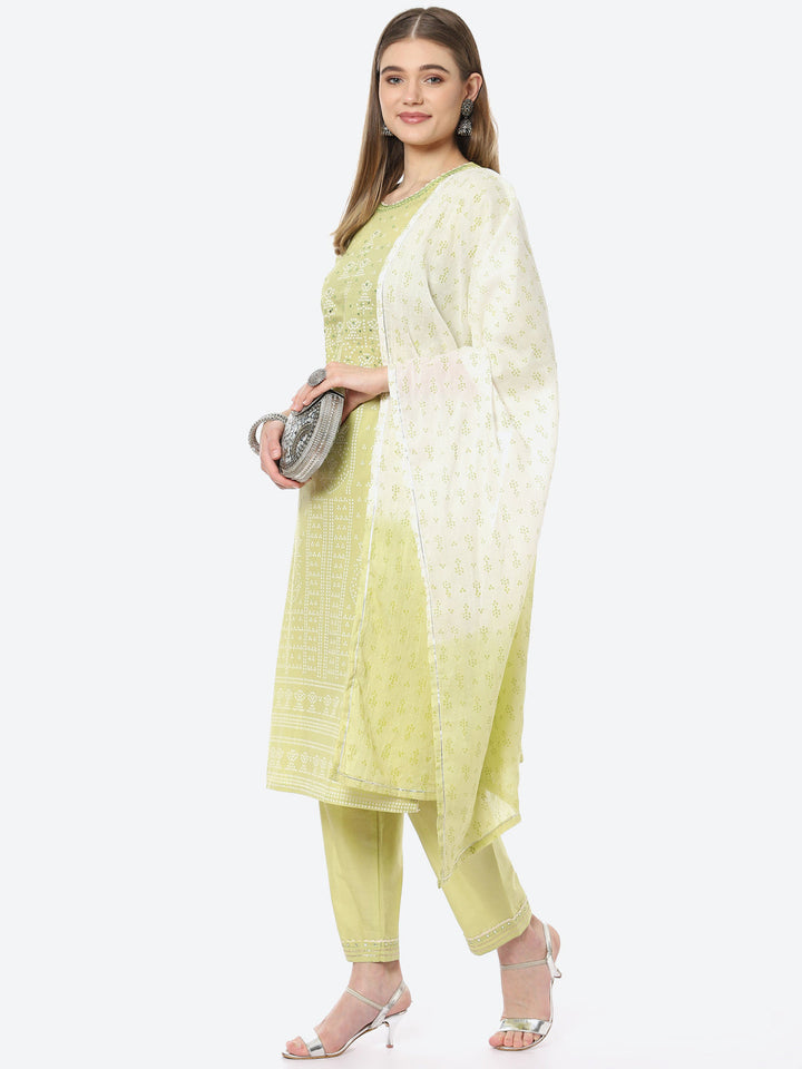 Bandhani Mirror Work Cotton Kurta With Pant &amp; Cotton Dupatta