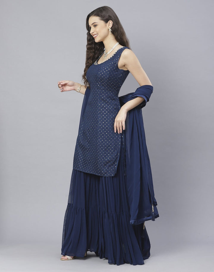 Navy Blue and Rani Handloom Dupion Salwar Kameez