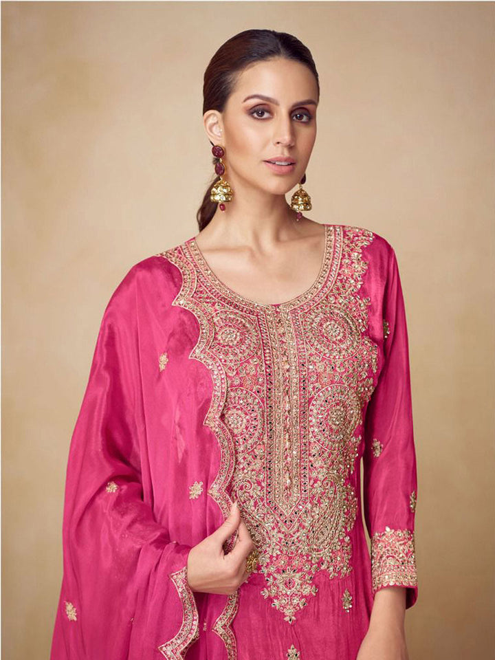 Embroidered Chinnon Kurta With Plazzo &amp; Dupatta