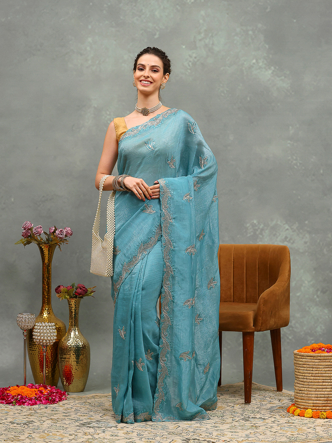 Thread Embroidered Chiffon Saree