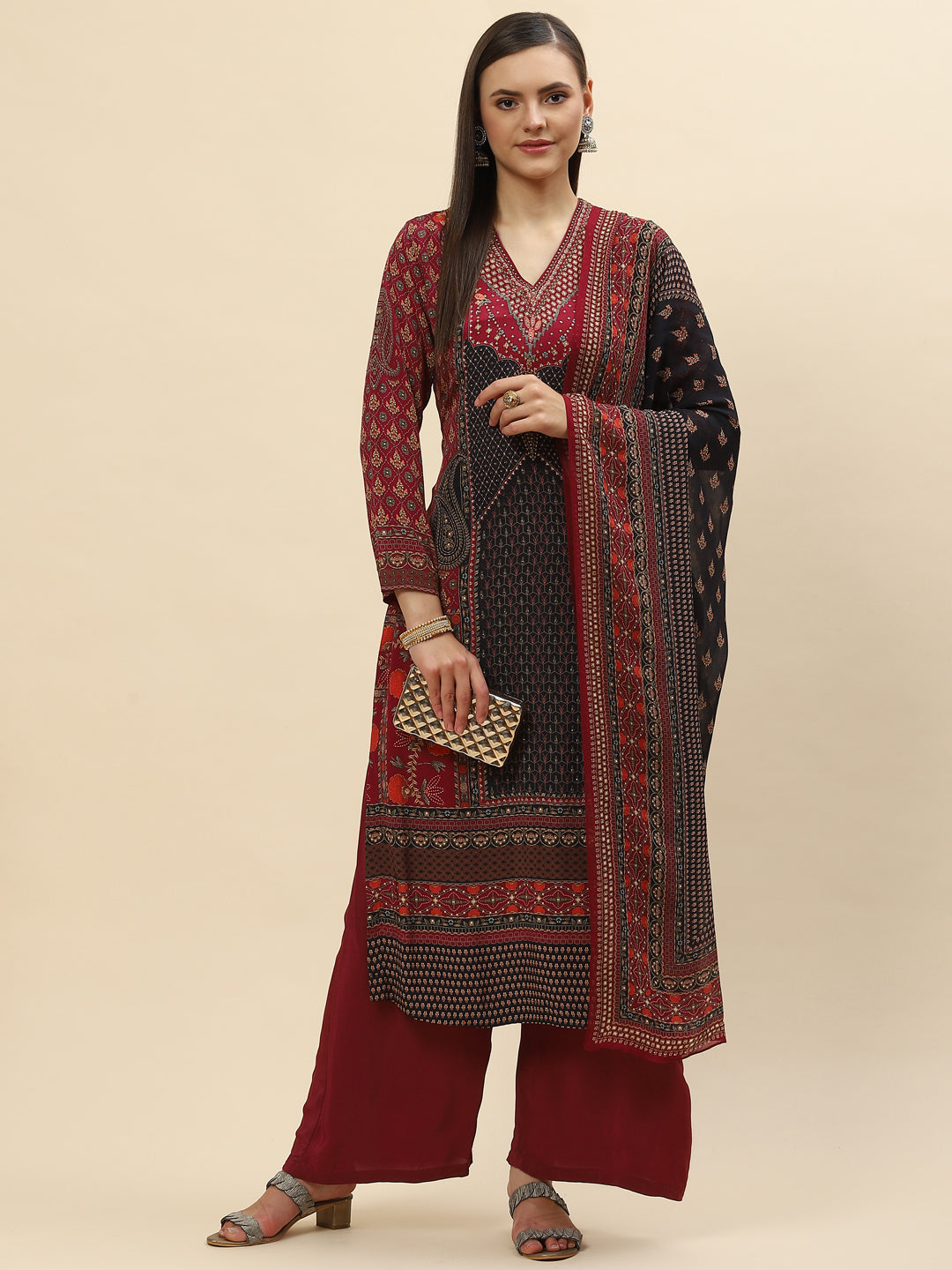 Digital Printed Crepe Kurta With Palazzo &amp; Net Dupatta