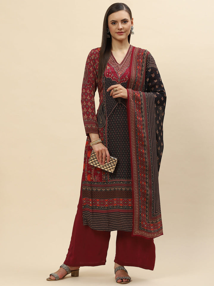 Digital Printed Crepe Kurta With Palazzo &amp; Net Dupatta