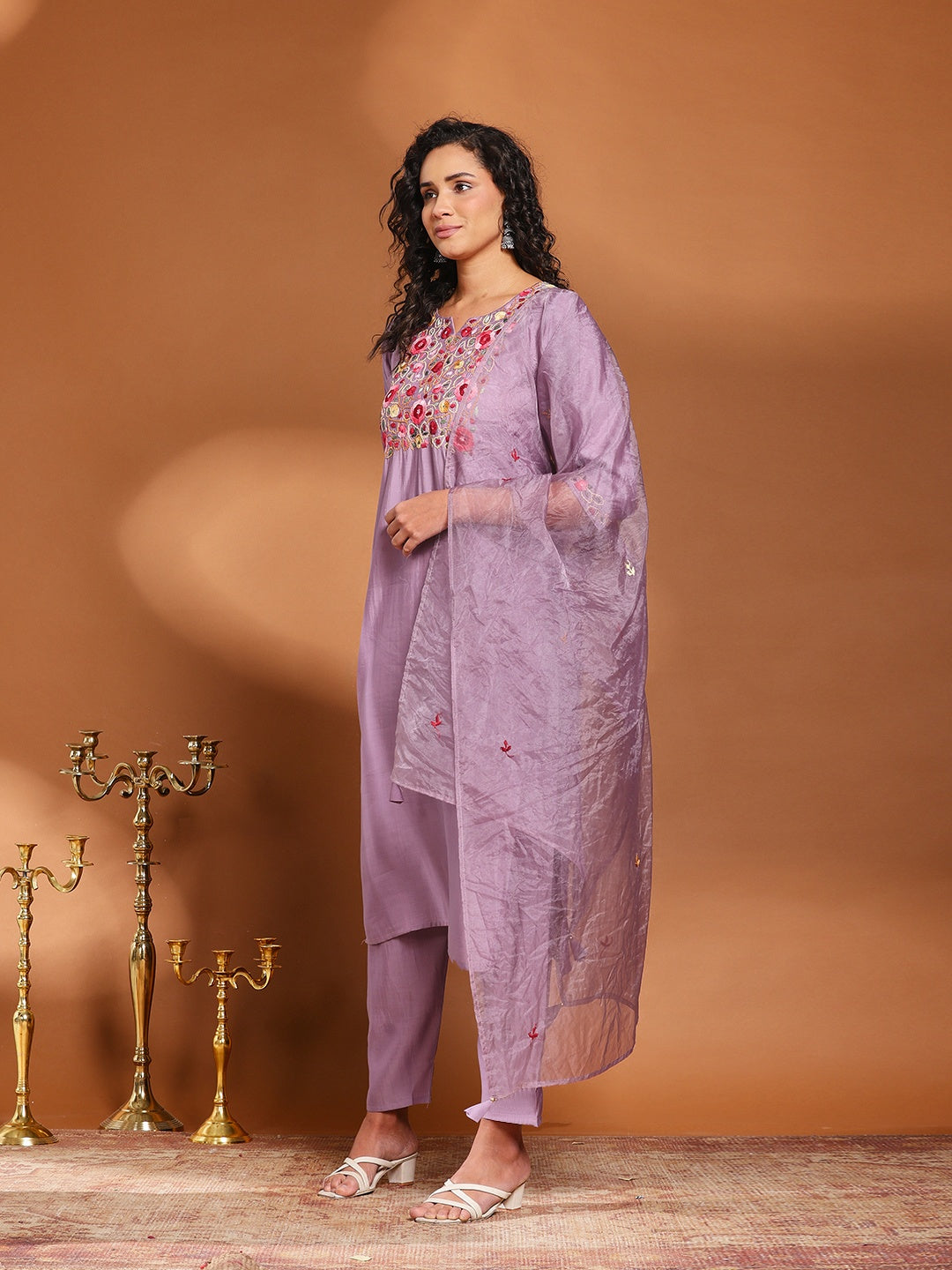 Lavender Cotton Blend Embroidered A Line Suit Set