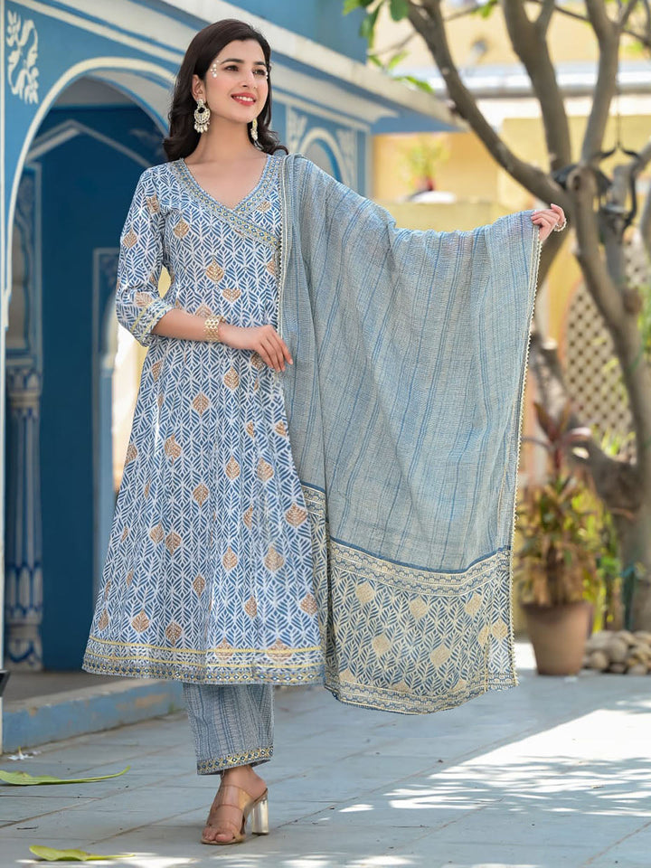 Printed Cotton Kurta With Pants &amp; Dupatta