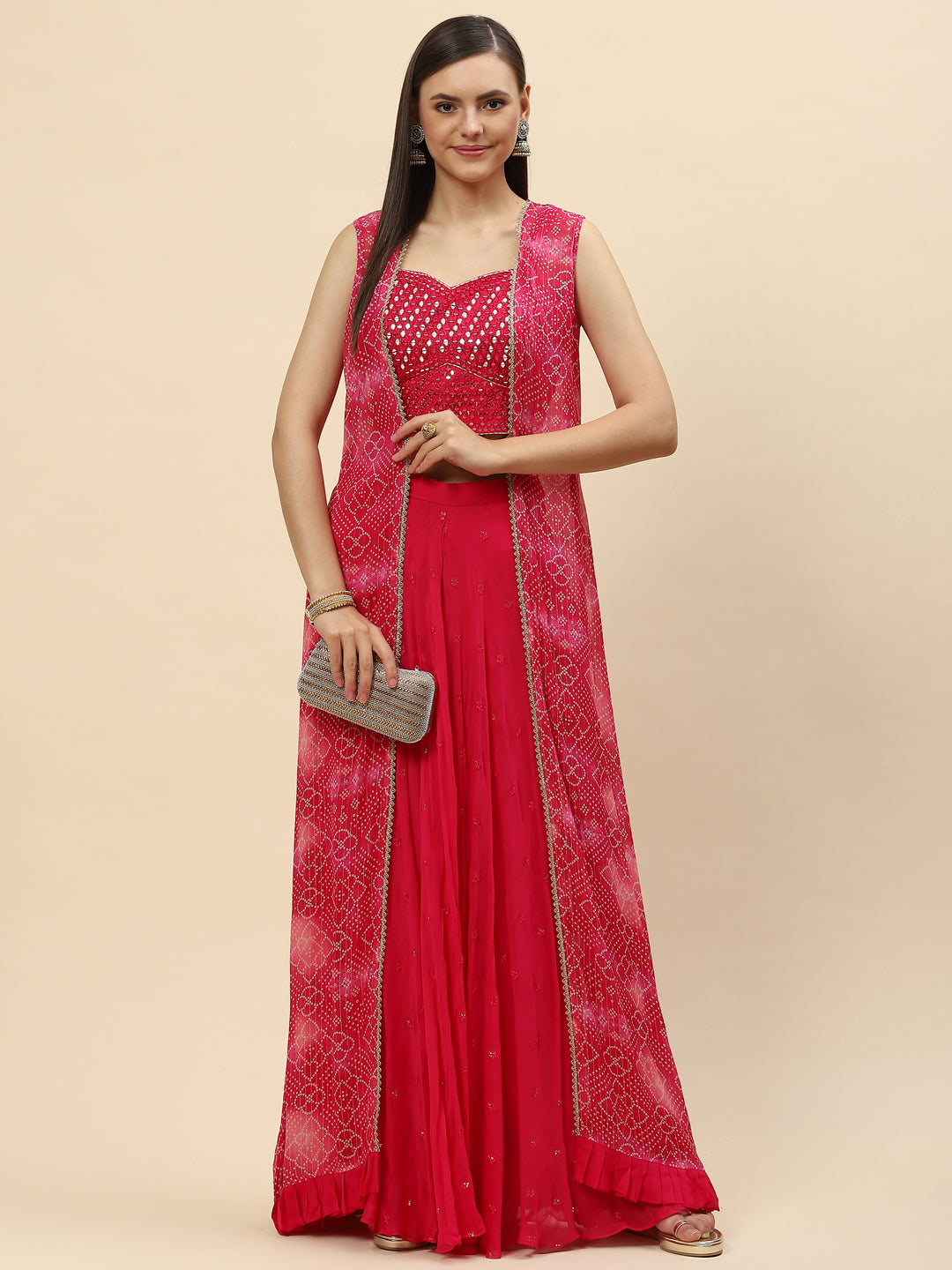 Bandhani Printed Georgette Crop Top With Palazzo & Jacket