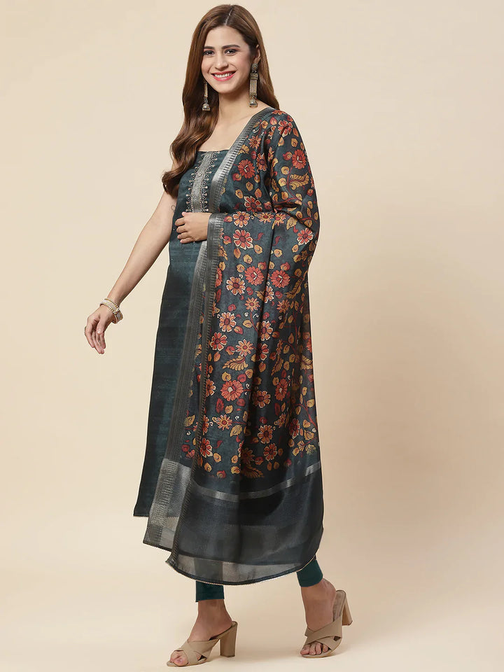 Neck Embroidered Chanderi Unstitched Suit Piece With Dupatta