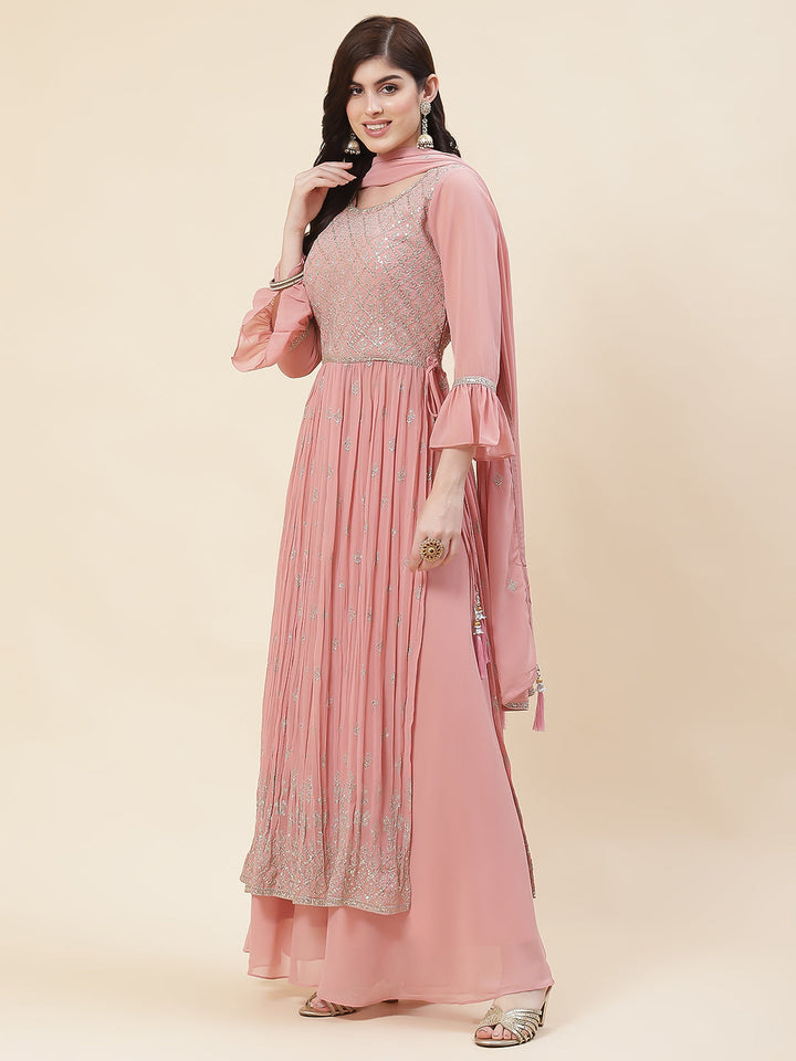Zari Embroidered Booti Georgette Kurta With Palazzo &amp; Dupatta