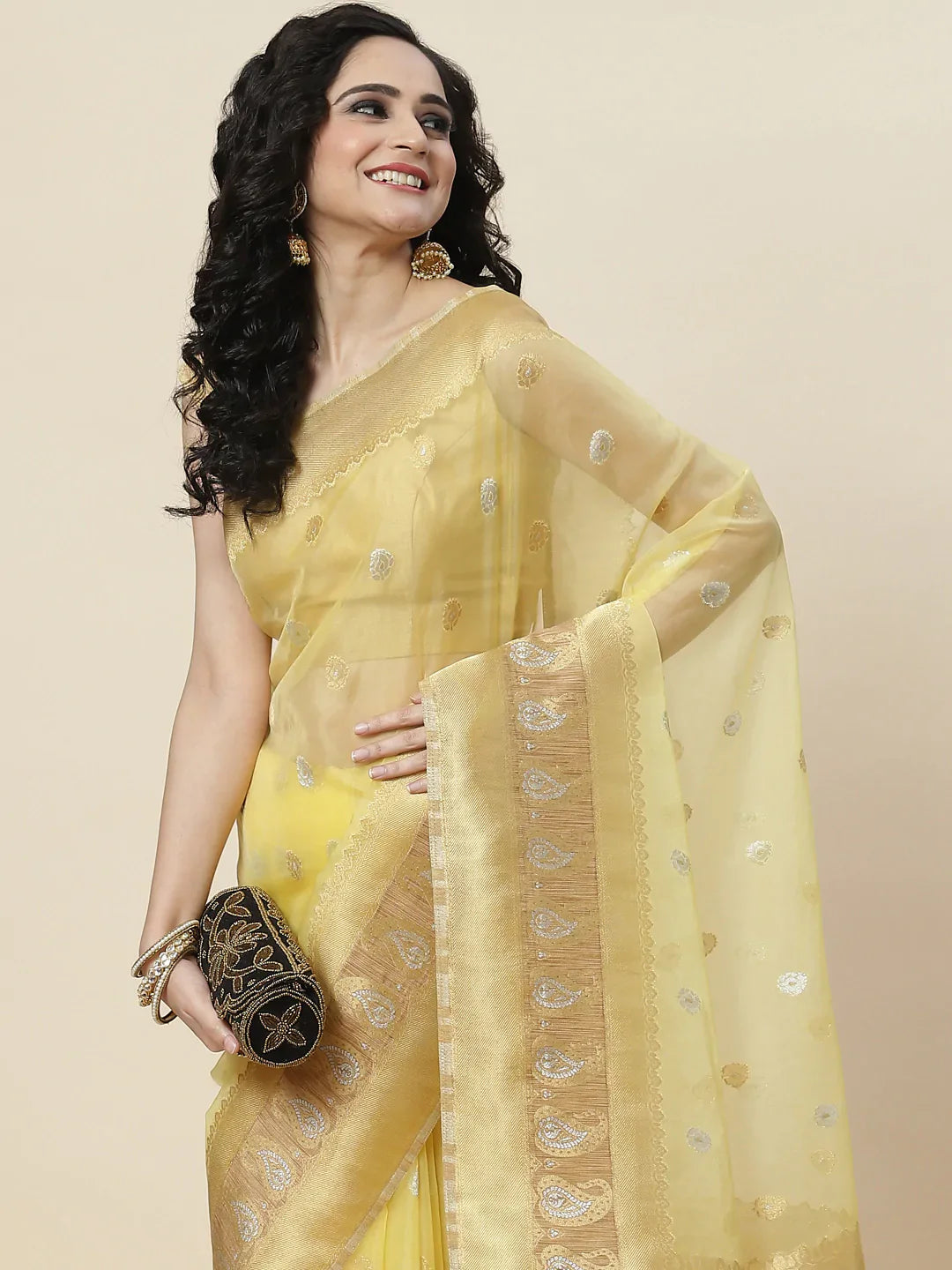 Zari Border Booti Organza Woven Saree