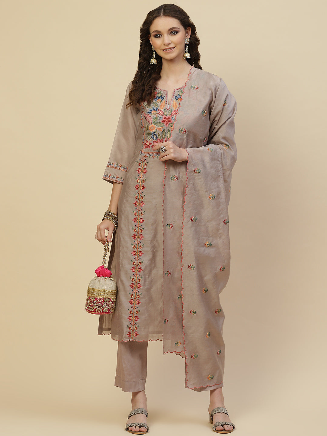 Floral Resham Booti Cotton Kurta With Pants &amp; Dupatta