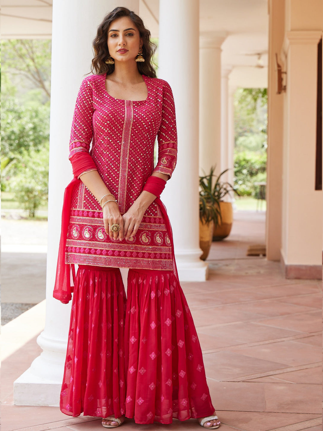 Sequin Georgette Kurti With Sharara &amp; Net Dupatta