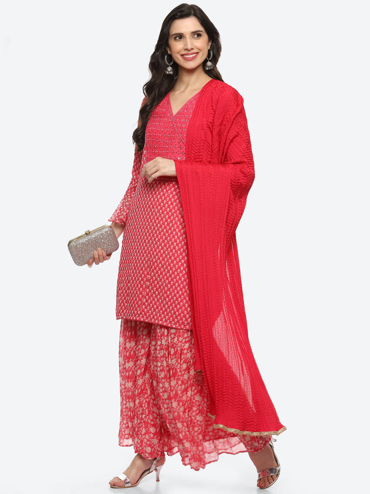 Printed Georgette Kurta With Garara &amp; Chiffon Dupatta